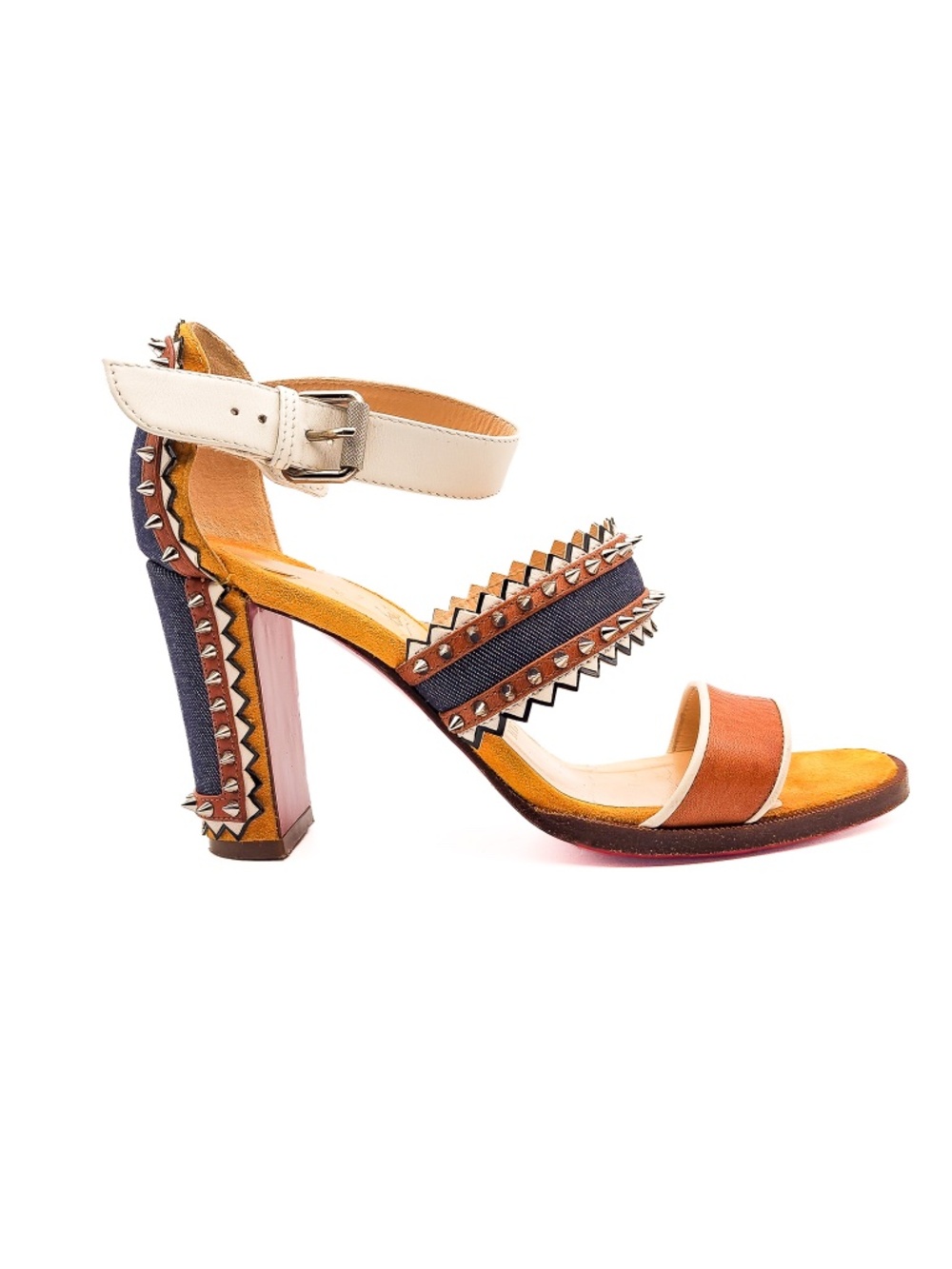 Christian Louboutin Denim Spiked Leather Block Heel Sandals EU 37